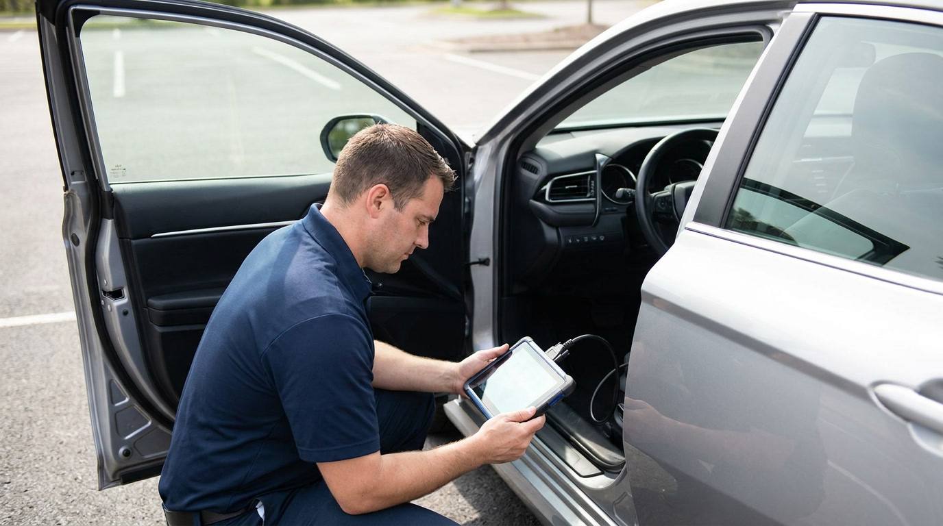 Auto locksmith programming a car key fob in a vehicle in San Jose