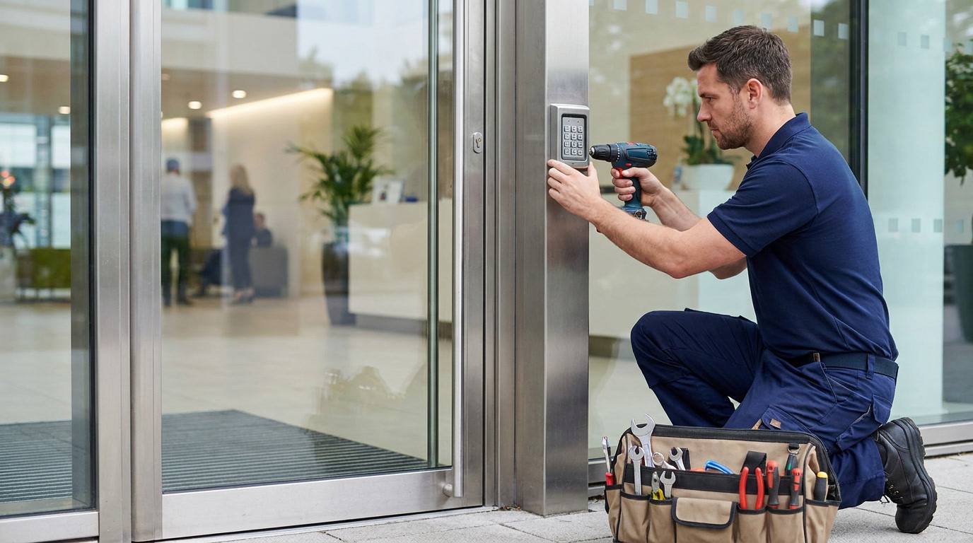 Commercial locksmith installing access control panel at San Jose office entrance