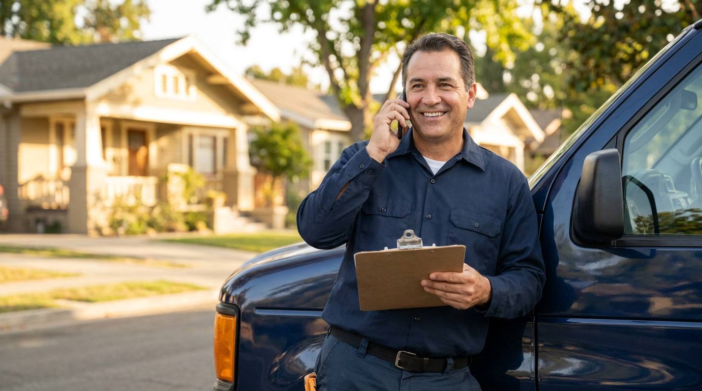 San Jose locksmith technician answering a call while standing next to service van