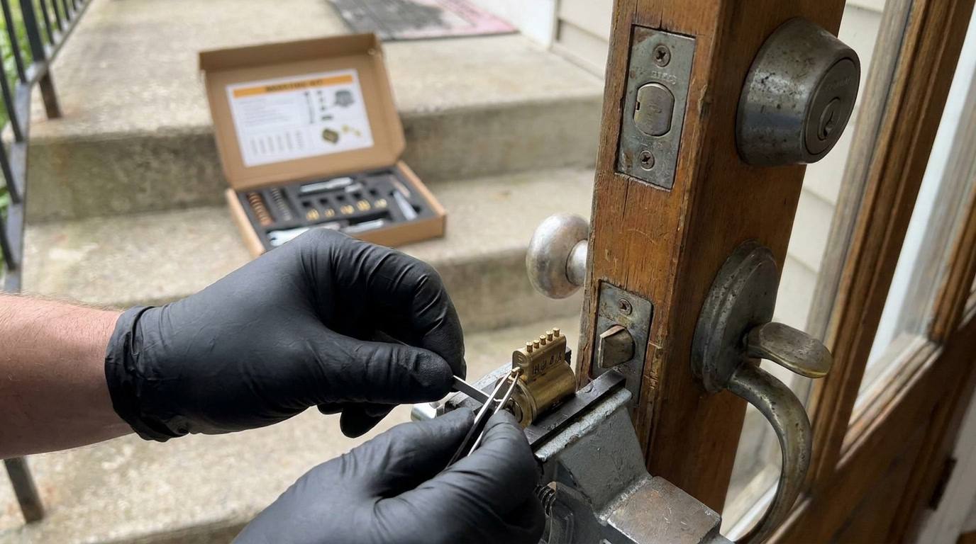Locksmith technician explaining lock mechanism to San Jose homeowner