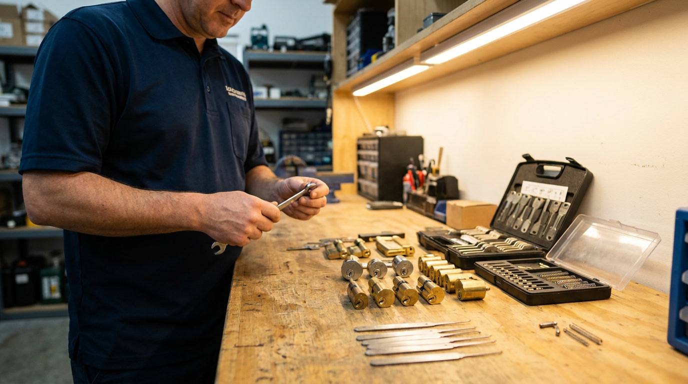 San Jose locksmith tools and lock cylinders on a workbench